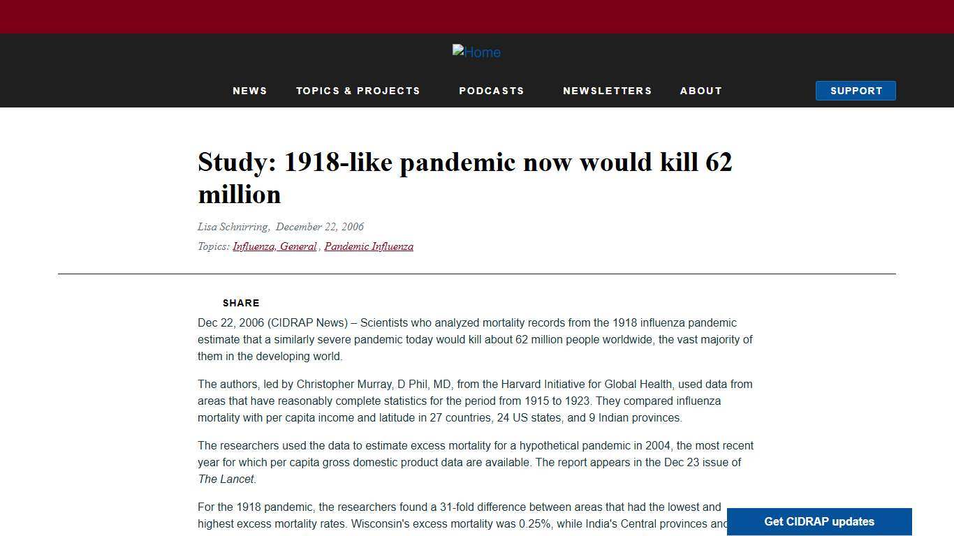 Study: 1918-like pandemic now would kill 62 million CIDRAP