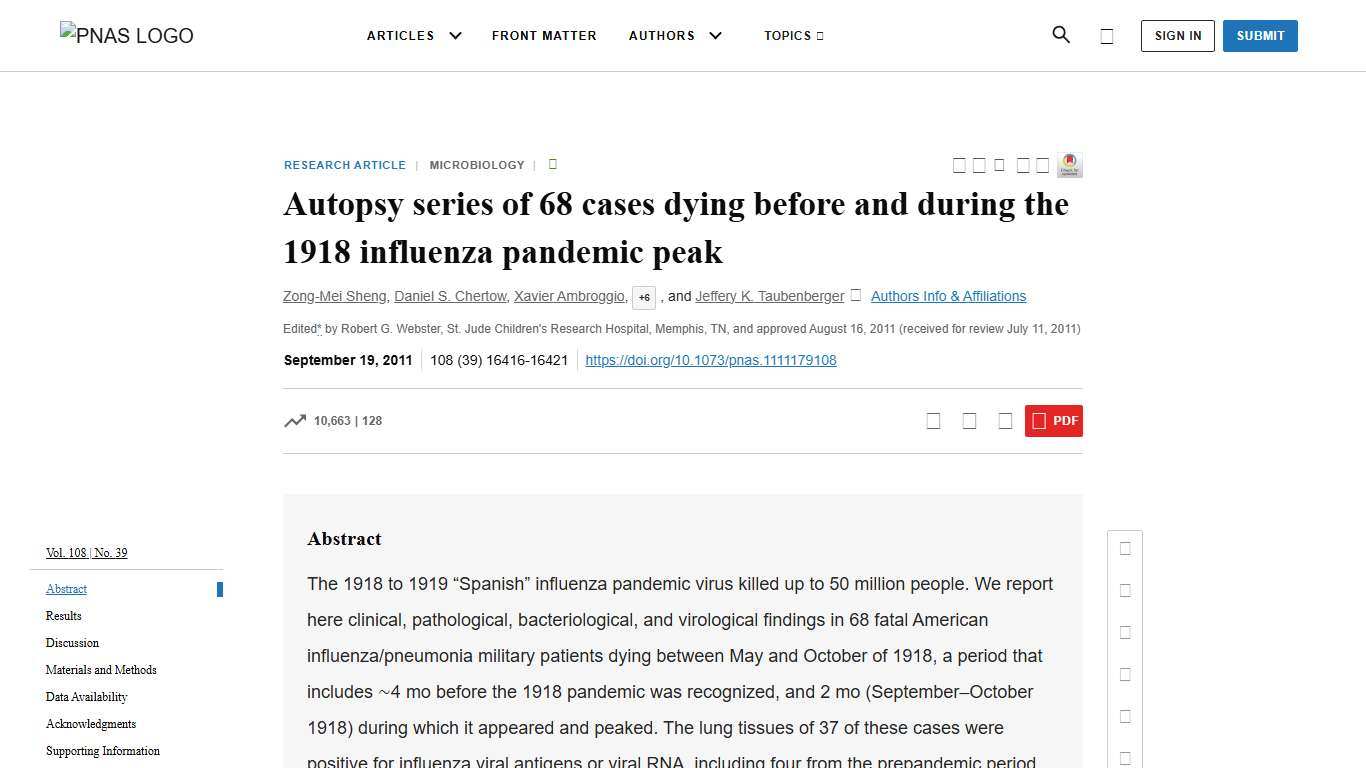 Autopsy series of 68 cases dying before and during the 1918 influenza pandemic peak PNAS